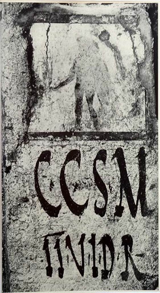 IX.11.7 Pompeii. Old photo from early 1900’s. Painting of Hercules and CIL IV 7884. 
Front wall on west side (left) of entrance doorway, between IX.11.6 and IX.11.7.