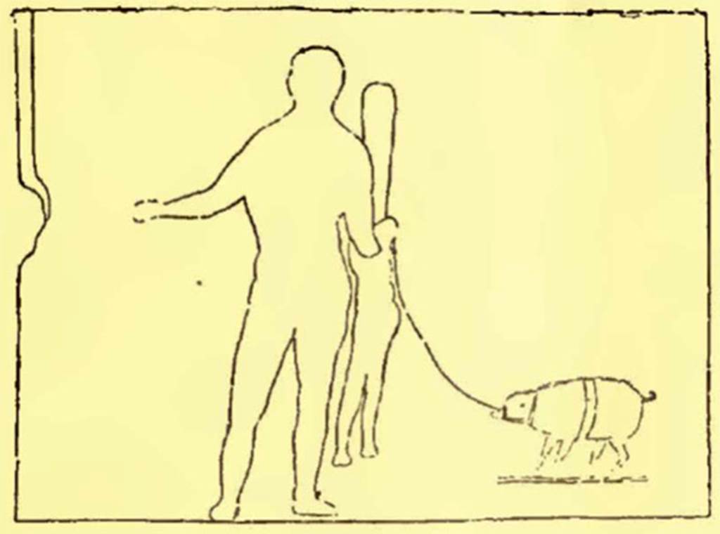 IX.11.7 Pompeii. Drawing of Hercules and pig, from east (right) pilaster of entrance doorway.
According to Frohlich, this drawing is of the youngest phase of painting before the plaster fell.
See Notizie degli Scavi, February 1912, (p.63), fig. 2.