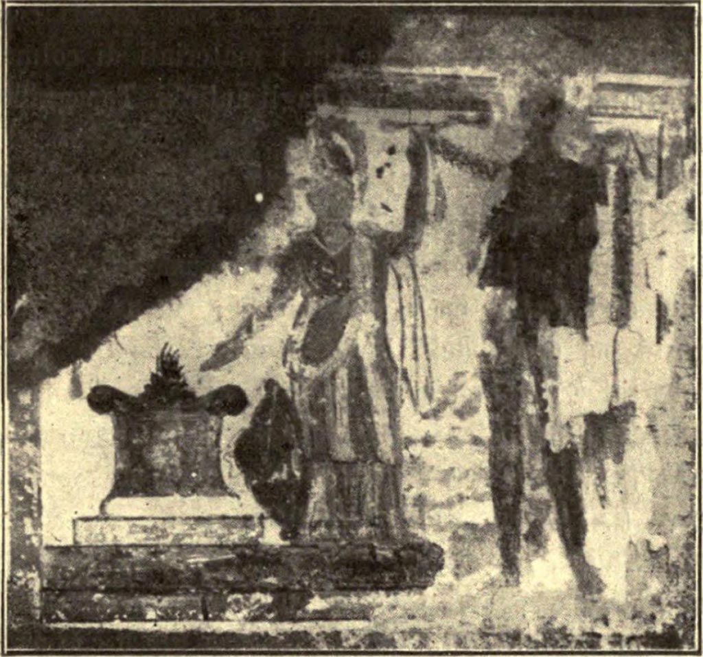 IX.11.7 Pompeii. Detail of 1915 excavation photograph of middle and oldest phase of painting from east (right) pilaster.
See Notizie degli Scavi di Antichità, 11th February 1915, p.284-285 (Fig 2, on page 285).