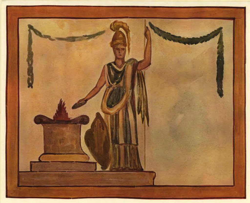 IX.11.7 Pompeii. Copy by Spinazzola and Sanarica of painting of Minerva sacrificing.
See Spinazzola V., 1953. Pompei alla luce degli Scavi Nuovi di Via dell’Abbondanza (anni 1910-1923). Roma: La Libreria della Stato, Fig. 204, Tav. 19.
