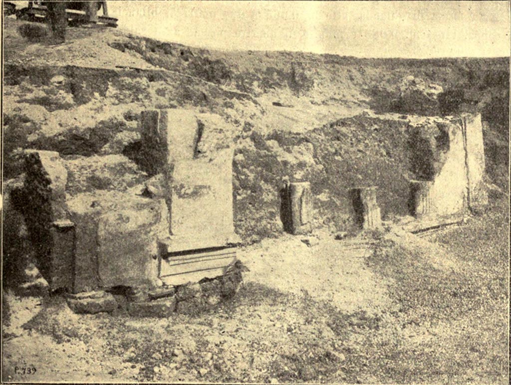 IX.12.1 Pompeii. 1912. Excavation of the upper floor, with the remains of the side balcony, hanging over the small roadway, (on left). and the area of the three windows of the cenaculum, overlooking the Via dell’Abbondanza, (centre and right).
See Notizie degli Scavi di Antichità, 1912, p. 64-5, and fig.3.