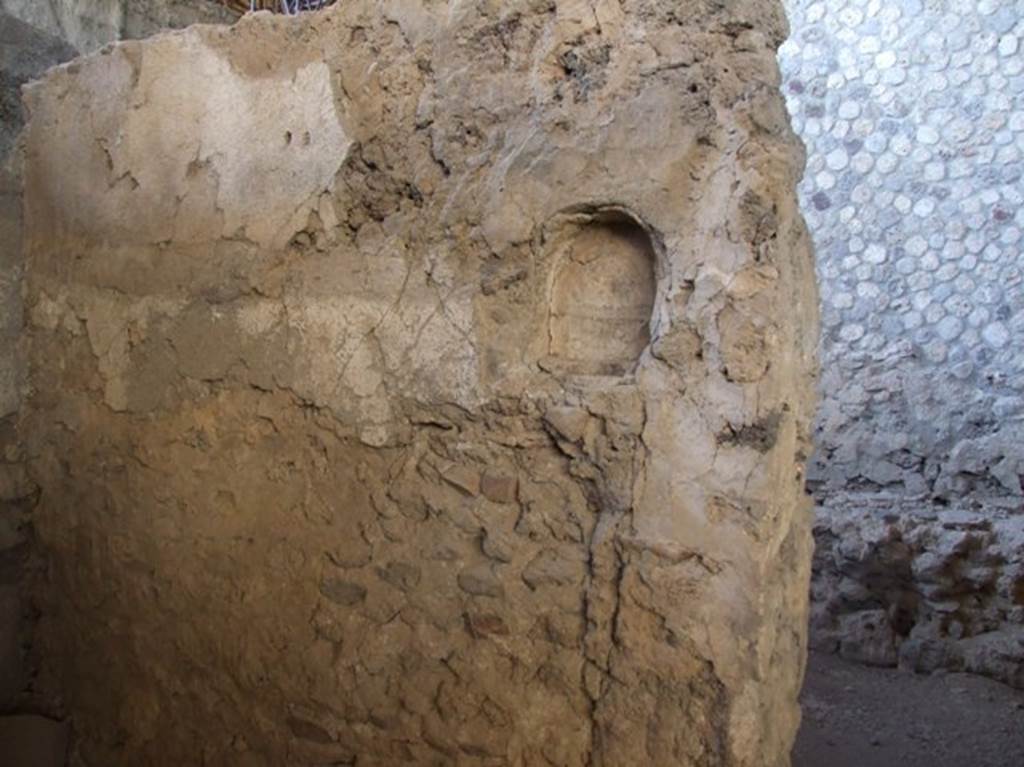 IX.12.6 Pompeii. March 2009. Room “f”, niche in wall in north-west corner. 
Room “g”, behind the niche, has the stone bench against the wall.
