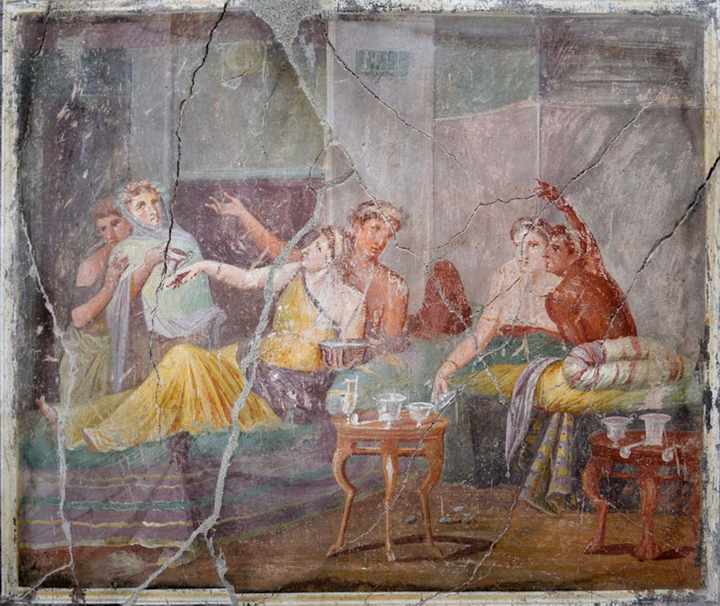 IX.12.6 Pompeii. February 2017. 
Room “m”, painting of banqueting scene from west wall of triclinium. Photo courtesy of Johannes Eber.