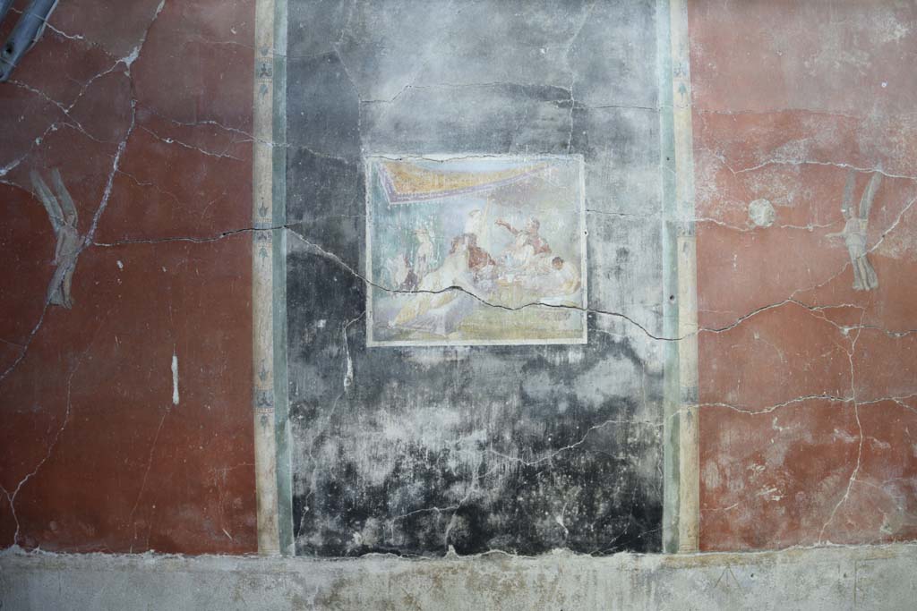 IX.12.6 Pompeii. February 2017. 
Room “m”, painting in centre of north wall with banqueting scene. Photo courtesy of Johannes Eber.