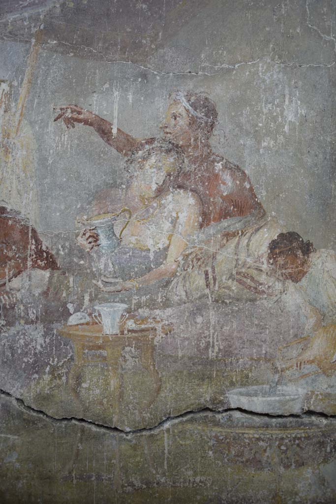 IX.12.6 Pompeii. February 2017. 
Room “m”, detail of figures in banqueting scene on north wall. Photo courtesy of Johannes Eber.