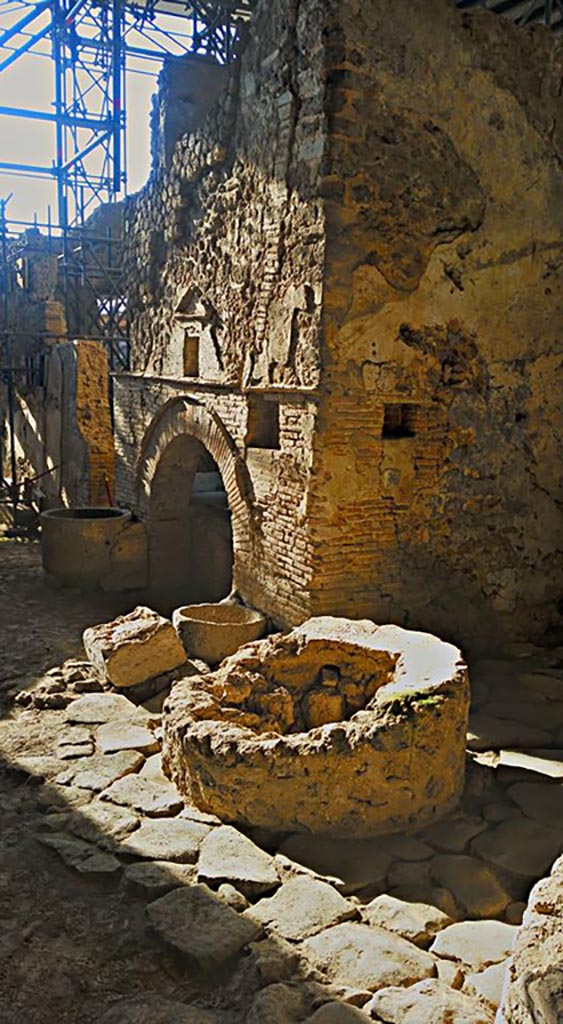 IX.12.6 Pompeii. 2016/2017. 
Looking south towards oven in bakery, from room “f”. Photo courtesy of Giuseppe Ciaramella.