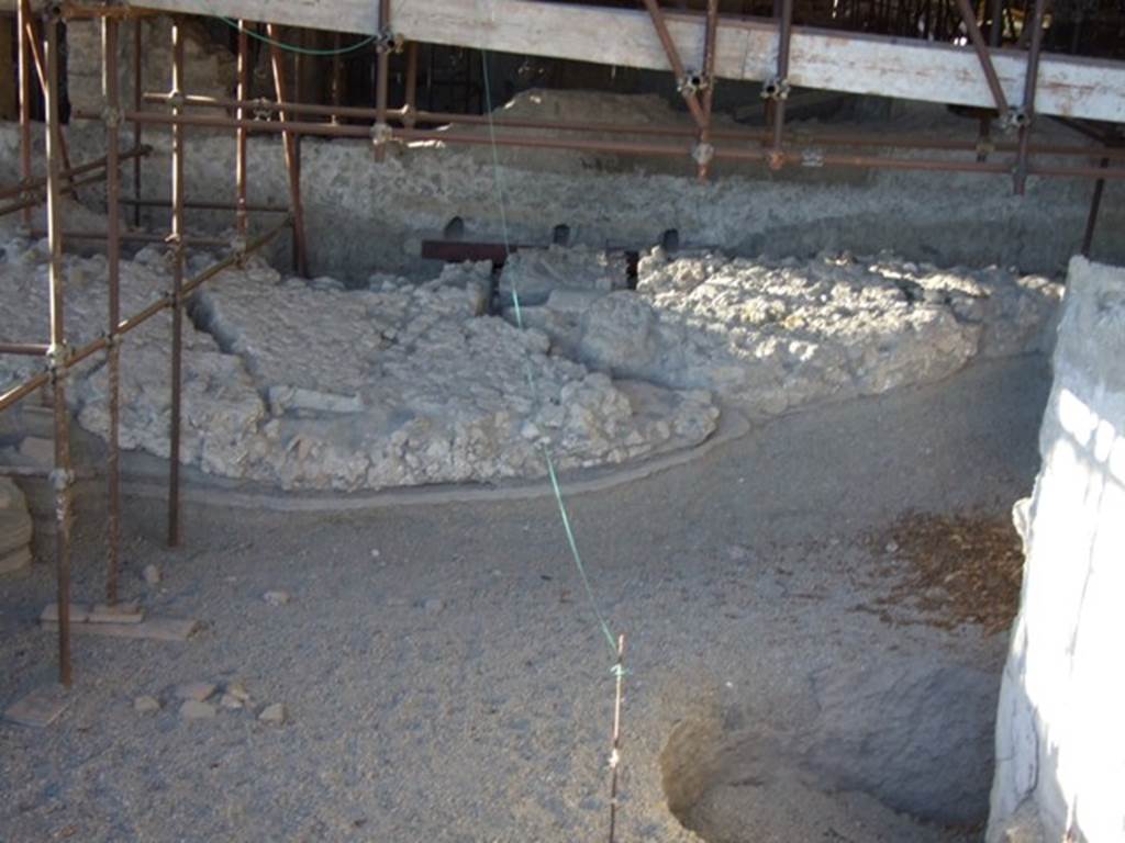 IX.12.A/IX.12.9 Pompeii. March 2009. Looking north across room 10. 
Insula under excavation, showing the collapsed upper storey wall shaken from its base.