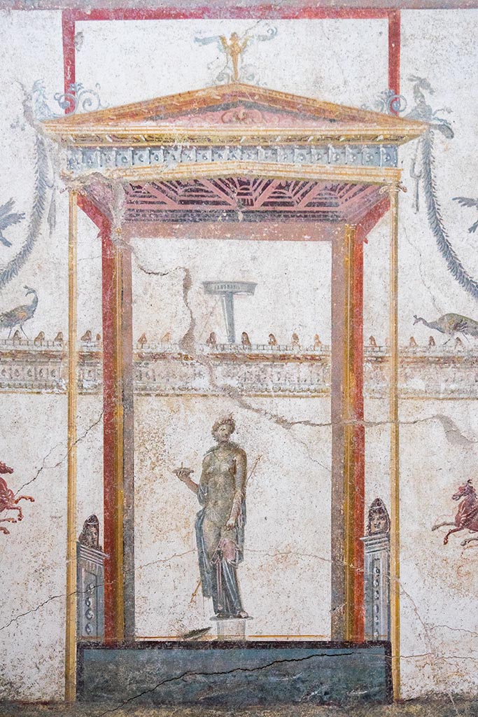 IX.12.A/IX.12.9 Pompeii. July 2024.
Room 18, Aphrodite from upper centre of south wall. Photo courtesy of Johannes Eber.