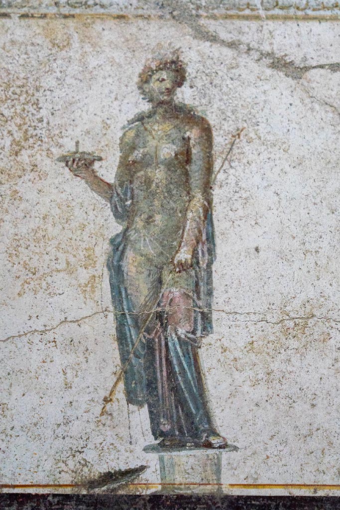 IX.12.A/IX.12.9 Pompeii. July 2024.
Room 18, detail of Aphrodite from upper centre of south wall. Photo courtesy of Johannes Eber.
