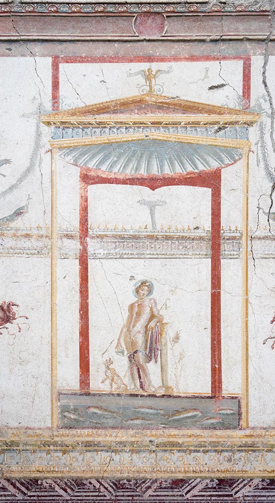 IX.12.A/IX.12.9 Pompeii. July 2024.
Room 18, upper west wall with central painting of Dionysus. Photo courtesy of Johannes Eber.