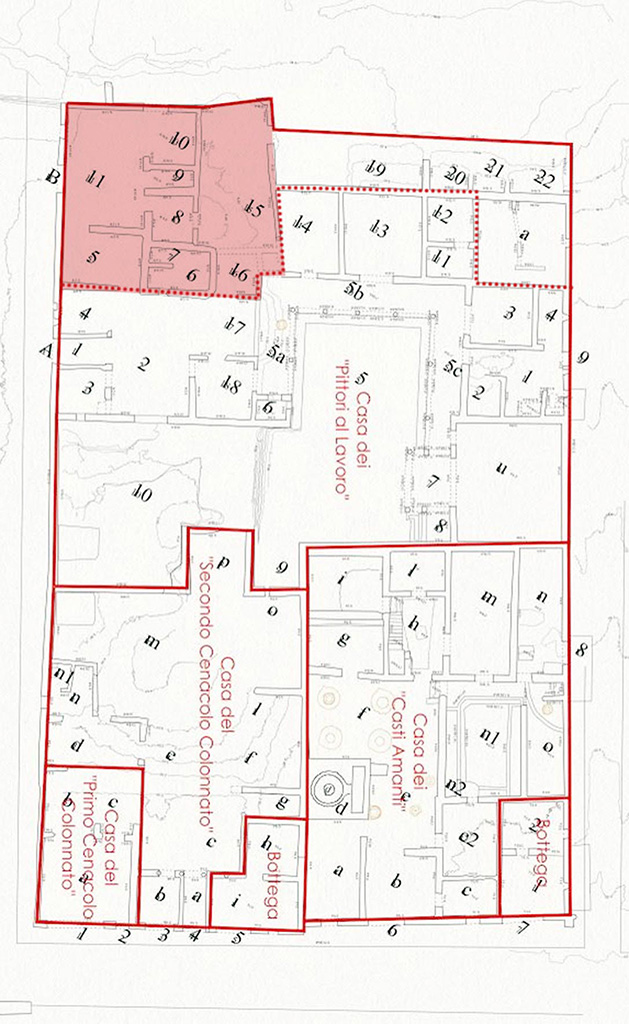 IX.12.9 Plan 2024 IX.12.9 Pompeii, included in the 2024 plan of IX.12 in PAP E-Journal 26, 24.10.2024, fig. 1.
Photo courtesy of Parco Archeologico di Pompei.
The area in red is temporarily known as IX.12.B Casa di Fedra or House of Phaedra (still under excavation) and is now no longer part of IX.12.9.
IX.12.A rooms 1 to 4, also still under excavation, are, for now, still included by us in IX.12.9.
The room numbers are those referred to on the pompeiiinpictures pages for IX.12.9. 
This plan is to help you accurately locate the rooms shown in the photographs of this house. 
Please be aware that the room numbers shown may differ from any other plans or records both published and unpublished.