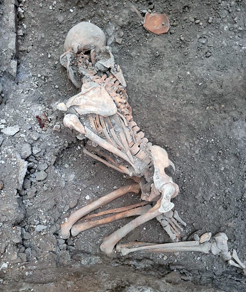 IX.12.B/IX.12.9 Pompeii. May 2023. Room “a”, skeleton of victim 1 in south-west corner.
Scheletro della vittima 1 vicino nell’angolo sud-ovest.
Photograph © Parco Archeologico di Pompei.