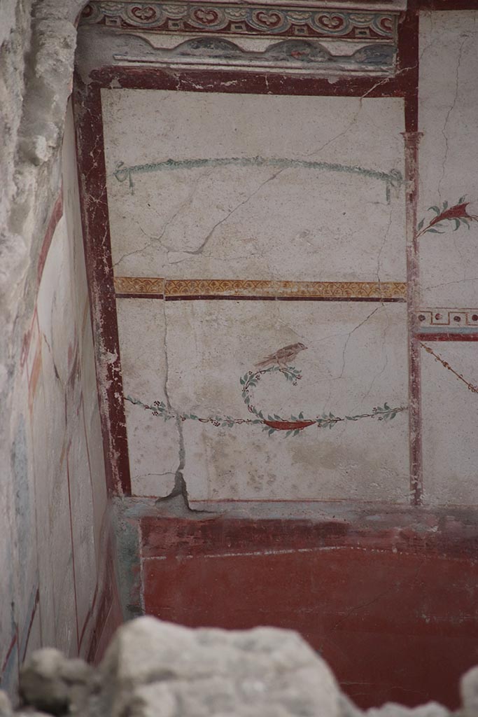 IX.12.B Pompeii. October 2024. 
Room 16, detail from upper south wall in south-east corner. Photo courtesy of Klaus Heese.