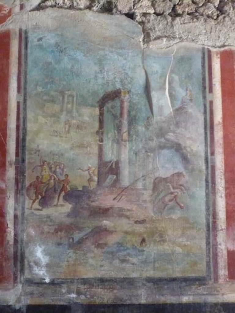 IX.13.1-3 Pompeii. May 2012. 
Room 13, east wall, wall painting of Punishment of Dirce. Photo courtesy of Buzz Ferebee.
According to Kuivalainen – 
“This is a description of the myth of Dirce, a dedicated worshipper of Dionysus. 
The essential elements of the story appear in the wall painting: 
the twins Amphion and Zethos punishing her, a marble statue of bearded Bacchus, and the pond created by the god, into which her corpse was thrown. The composition is a varied combination of mythological and pastoral motifs, with both active and passive elements.”
See Kuivalainen, I., 2021. The Portrayal of Pompeian Bacchus. Commentationes Humanarum Litterarum 140. Helsinki: Finnish Society of Sciences and Letters, p. 86-7, A10.
