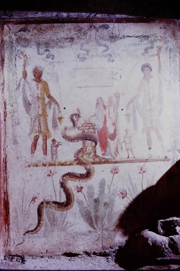 IX.13.1-3 Pompeii. 1970. Room 21, lararium. Photo by Stanley A. Jashemski.
Source: The Wilhelmina and Stanley A. Jashemski archive in the University of Maryland Library, Special Collections (See collection page) and made available under the Creative Commons Attribution-Non Commercial License v.4. See Licence and use details. Jmit0055