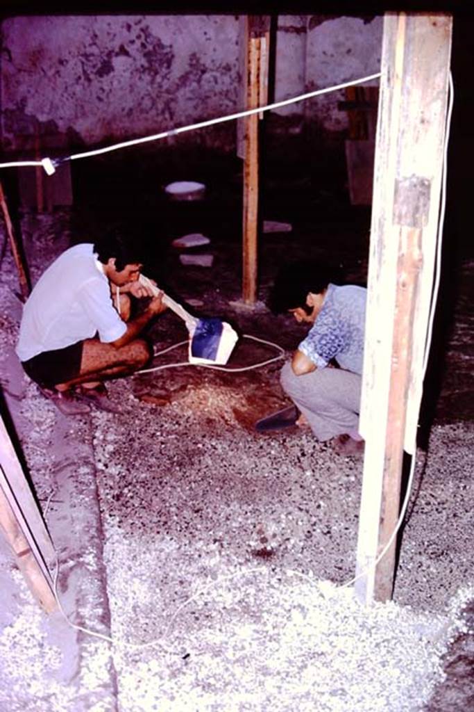 IX.13.1-3 Pompeii, 1973. Careful work in peristyle area. Photo by Stanley A. Jashemski. 
Source: The Wilhelmina and Stanley A. Jashemski archive in the University of Maryland Library, Special Collections (See collection page) and made available under the Creative Commons Attribution-Non Commercial License v.4. See Licence and use details. J73f0495