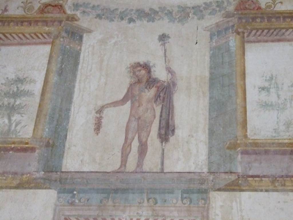 IX.13.1-3 Pompeii. March 2009. Room 11, west wall. Painted figure with staff and bunch of grapes.
Kuivalainen comments –
“An almost naked young Bacchus with several attributes, such as the grapes and a thyrsus. 
Grapes seem to be an even more favoured attribute of Bacchus than previously thought”. (Note 387 – e.g. Michel 1990, 77, presents four cases. See Kuivalainen’s Concluding  Remarks.)
See Kuivalainen, I., 2021. The Portrayal of Pompeian Bacchus. Commentationes Humanarum Litterarum 140. Helsinki: Finnish Society of Sciences and Letters, (p.98, B7).