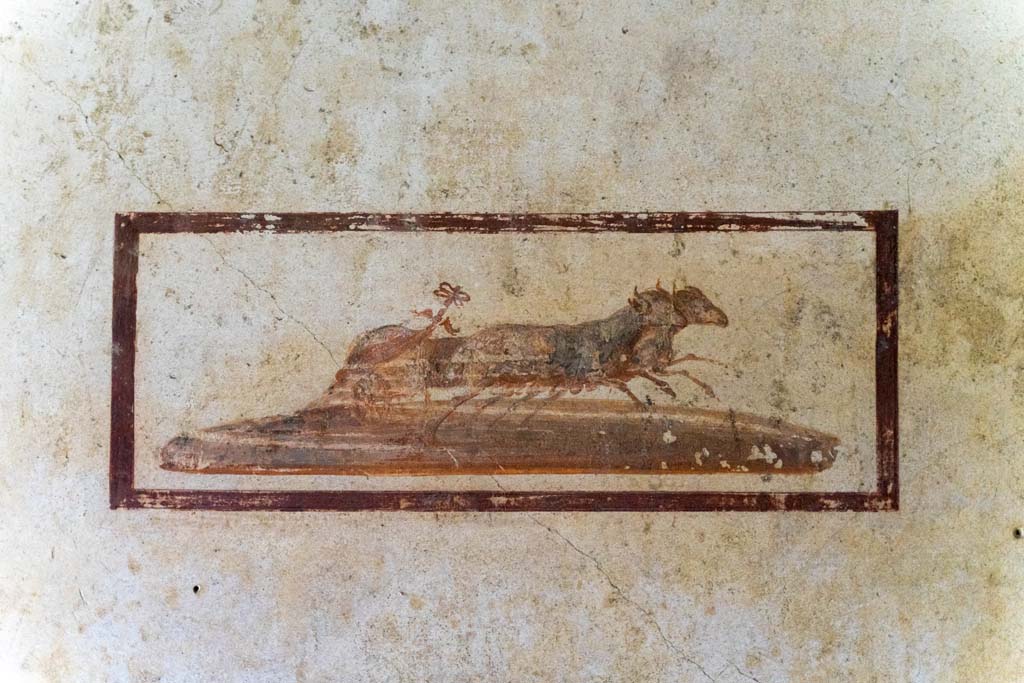 IX.13.1-3 Pompeii. October 2021. 
Room 11, painted panel with horses pulling a chariot with a staff in it, from south end of west wall. Photo courtesy of Johannes Eber.