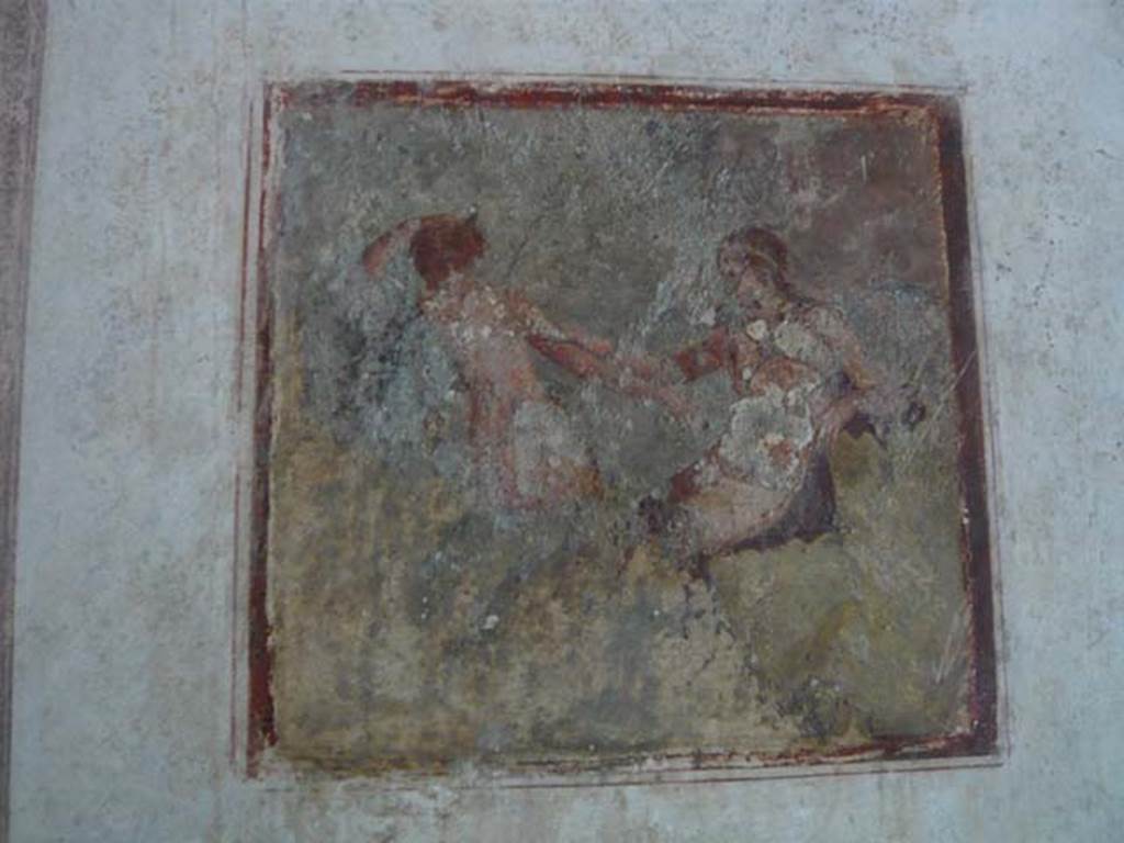 IX.13.1-3 Pompeii. May 2012. Room 11, wall painting of Apollo and Daphne from centre of east wall. Photo courtesy of Buzz Ferebee.
