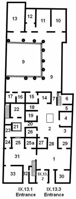 IX.13.1-3 plan IX.13.1-3 Pompeii. House of C. Julius Polybius
Room Plan
