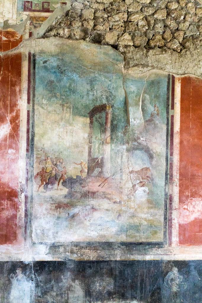 IX.13.1-3 Pompeii. October 2021. 
Room 13, east wall, wall painting of Punishment of Dirce. Photo courtesy of Johannes Eber.