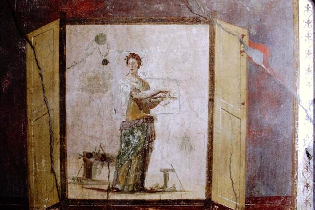 IX.14.4 Pompeii. 1968. Room 5, painting from west wall of cubiculum. Photo by Stanley A. Jashemski.
Source: The Wilhelmina and Stanley A. Jashemski archive in the University of Maryland Library, Special Collections (See collection page) and made available under the Creative Commons Attribution-Non Commercial License v.4. See Licence and use details. J68f1536
According to PPM, this painting of a young woman making an offering, was stolen in 1982.
See Carratelli, G. P., 1990-2003. Pompei: Pitture e Mosaici. Vol X.  Roma: Istituto della enciclopedia italiana. (p.429).