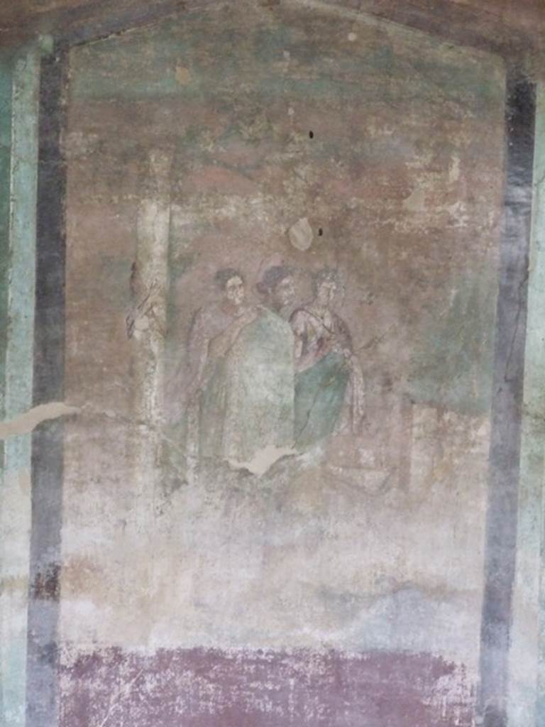 IX.14.4 Pompeii. December 2007. Room 3 oecus, south wall. Painting of three figures on south wall. Elektra at the grave of Agamemnon? See Schefold, K., 1957. Die Wände Pompejis. Berlin: De Gruyter. (p. 287).See Schefold, K., 1962. Vergessenes Pompeji. Bern: Francke. (Taf.30-31)