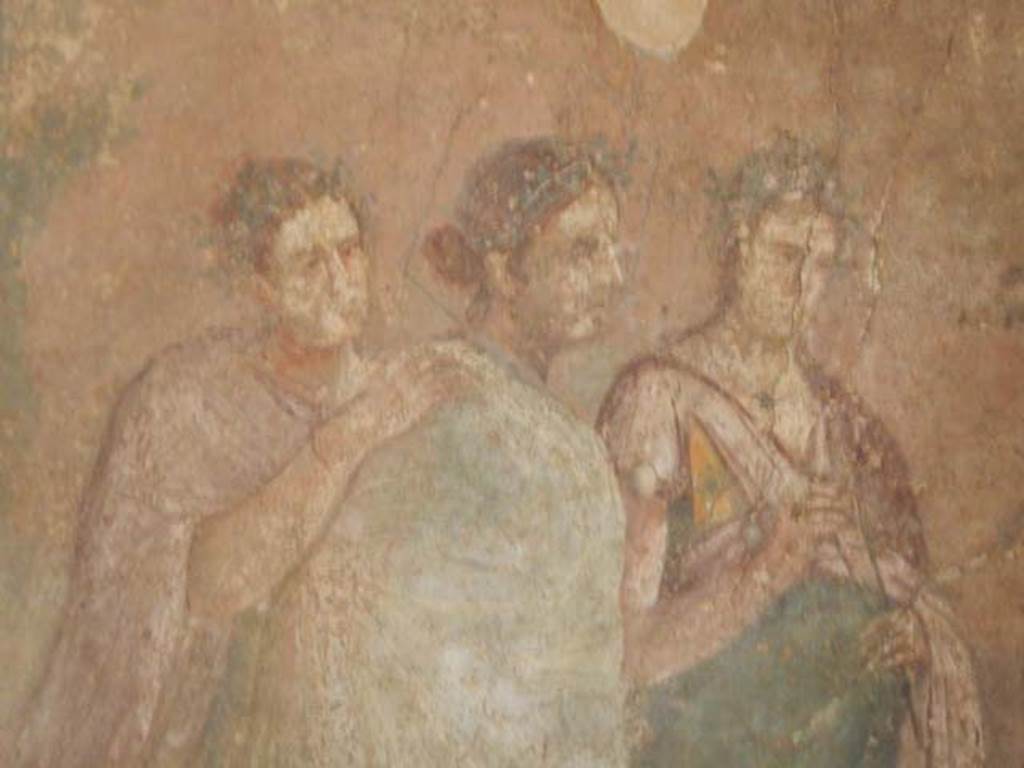 IX.14.4 Pompeii. May 2017. Room 3, detail of three women from central painting on south wall.  Photo courtesy of Buzz Ferebee.