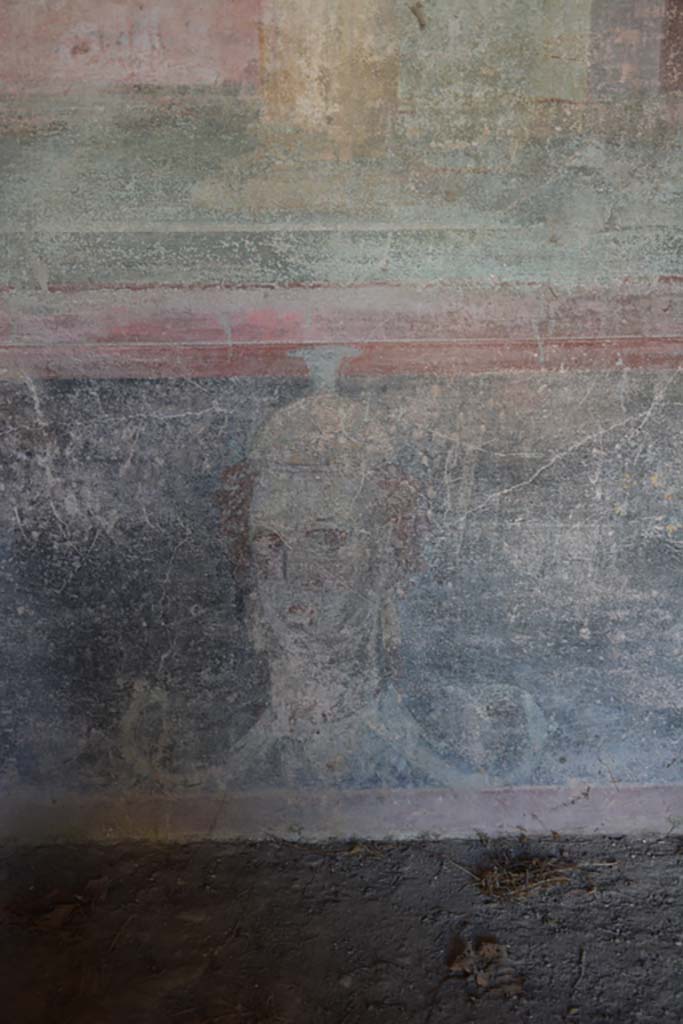 IX.14.4 Pompeii. September 2019. 
Room 3, detail of painted head on zoccolo at east end of south wall of oecus.
Foto Annette Haug, ERC Grant 681269 DÉCOR.
