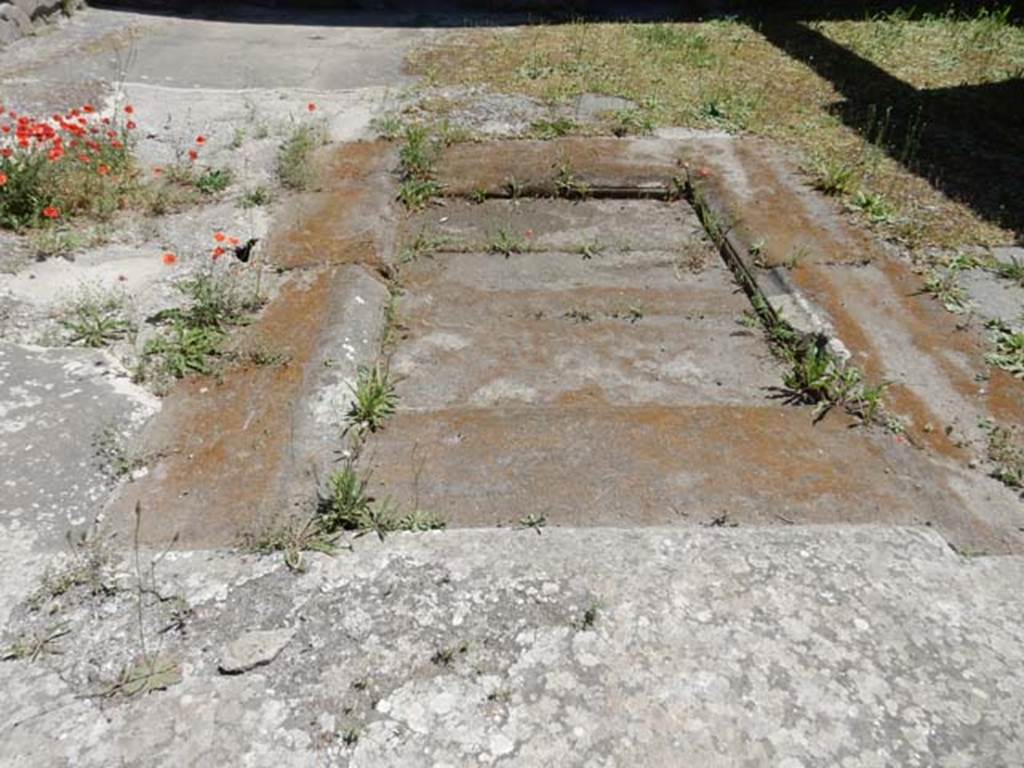 IX.14.4 Pompeii. May 2017. Looking south across impluvium of secondary atrium 27 at IX.14.2. Photo courtesy of Buzz Ferebee.