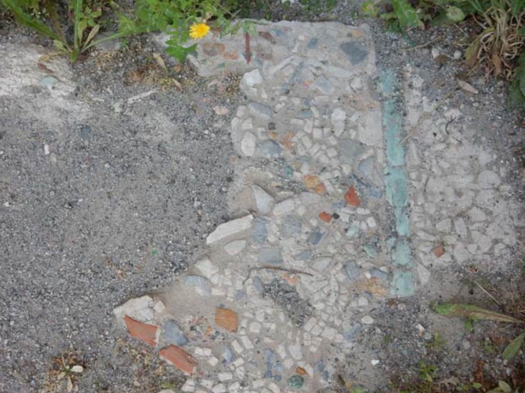 IX.14.4 Pompeii. May 2017. Detail of flooring at base of stairs, consisting of coloured limestone chippings with a border of green limestone rectangular edgings/slabs.
Around the margin of the border were white chippings.  Photo courtesy of Buzz Ferebee.