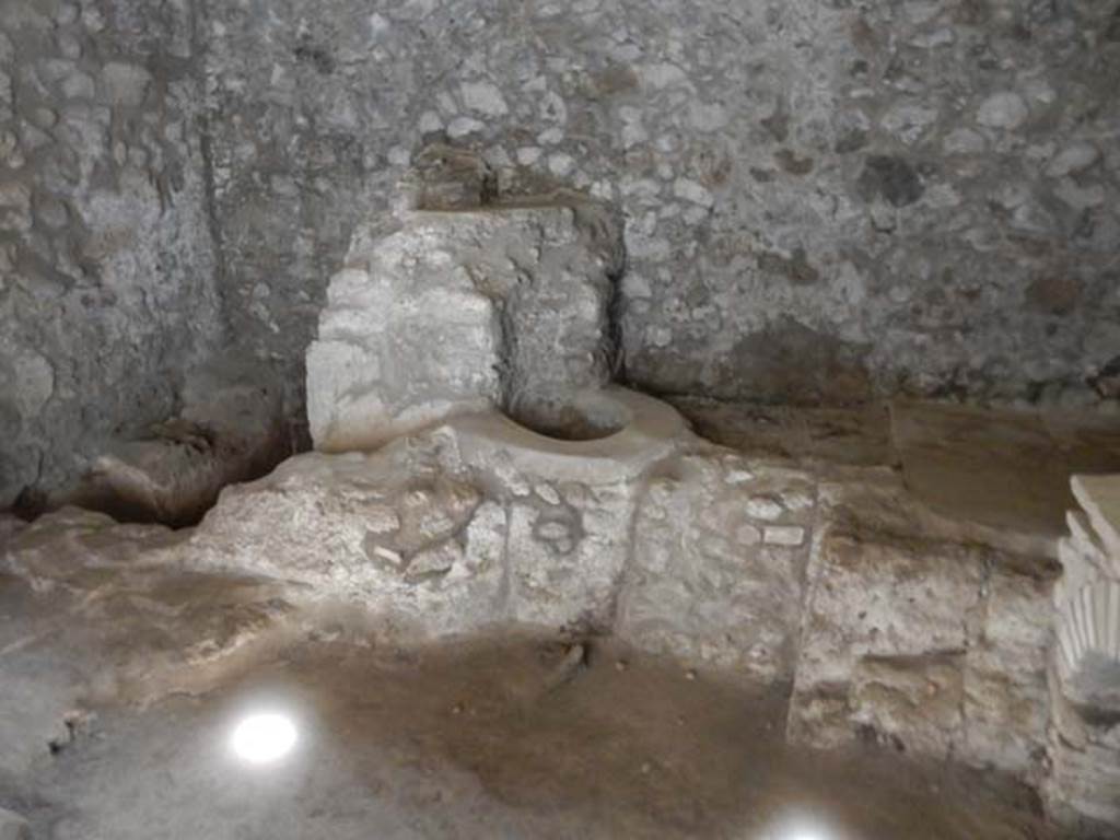 IX.14.4 Pompeii. May 2017. Room 18, looking towards west wall with rectangular and cylindrical basins/vats.  On the left, at the south end, is the latrine.  Photo courtesy of Buzz Ferebee.