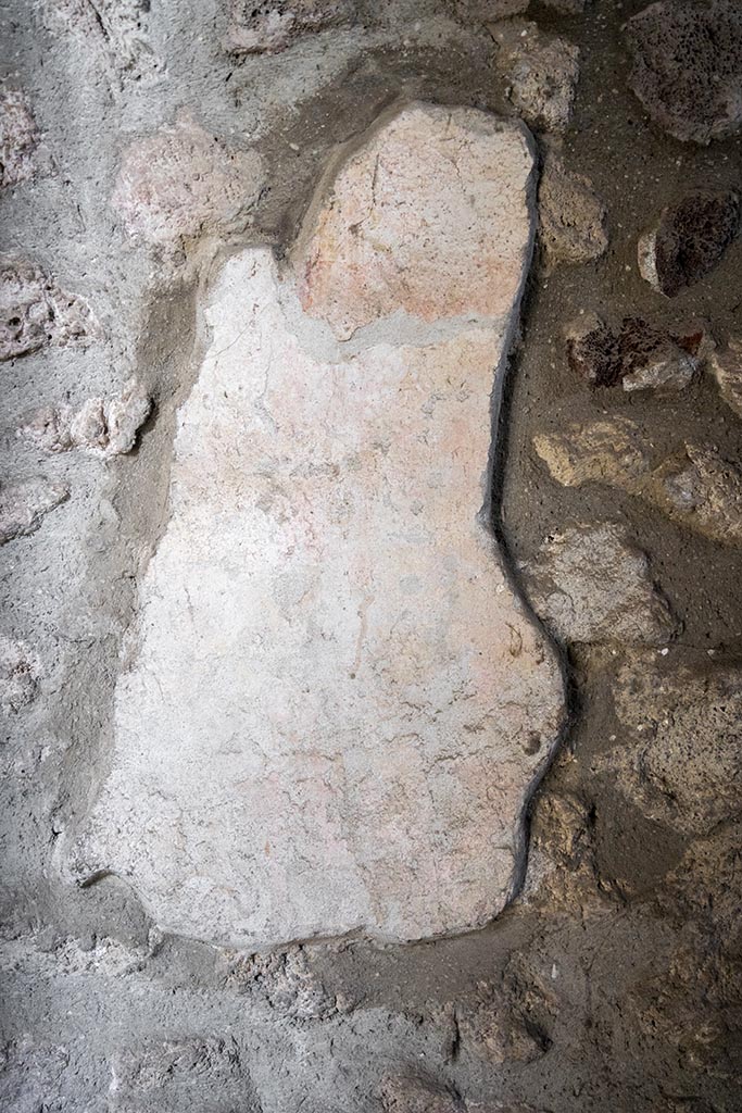 IX.14.4 Pompeii. July 2024. 
Detail from south wall below lararium niche. Photo courtesy of Johannes Eber.
