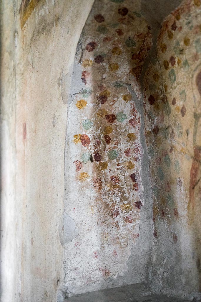 IX.14.4 Pompeii. July 2024.
Room 18, detail of painted side walls of niche. Photo courtesy of Johannes Eber.