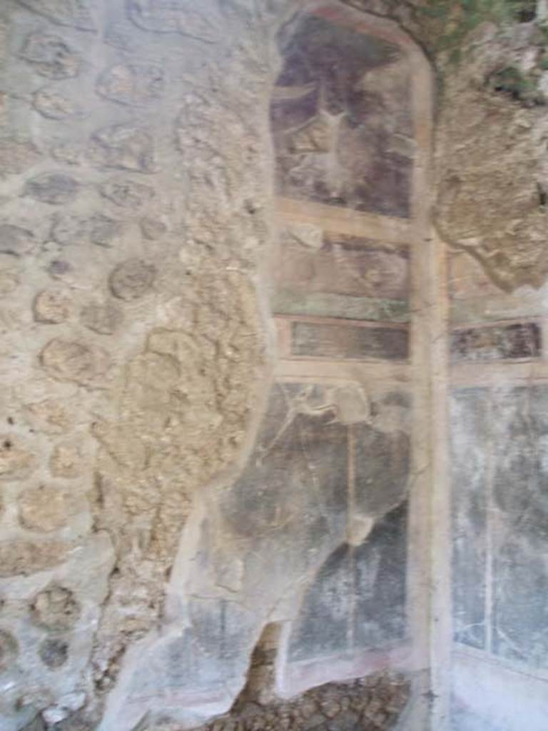 IX.14.4 Pompeii. May 2005. Room 14, remains of painted decoration on south wall in south-west corner. According to NdS, following the cleaning of the walls, amongst other graffiti on the south wall, the letters A, B were found. Perhaps the beginning of the alphabet that was interrupted. See Notizie degli Scavi, 1911, (p.219).