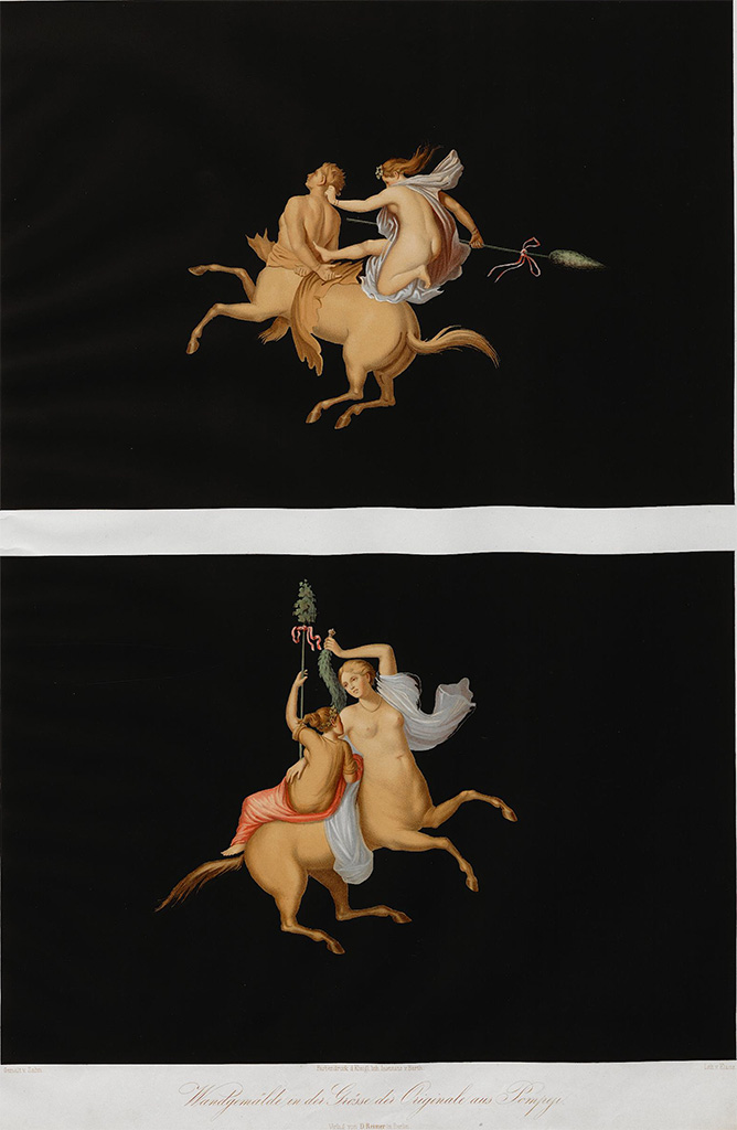 HGW06 Pompeii. Pre-November 1856. 
Paintings by Zahn described as two paintings on a black background.
These are pendants to the two paintings in Pl. III.64, seen below.
See Zahn, W., 1852-59. Die schönsten Ornamente und merkwürdigsten Gemälde aus Pompeji, Herkulanum und Stabiae: III. Berlin: Reimer, taf. 74.
Now in Naples Archaeological Museum. Inventory number 9133 (part).