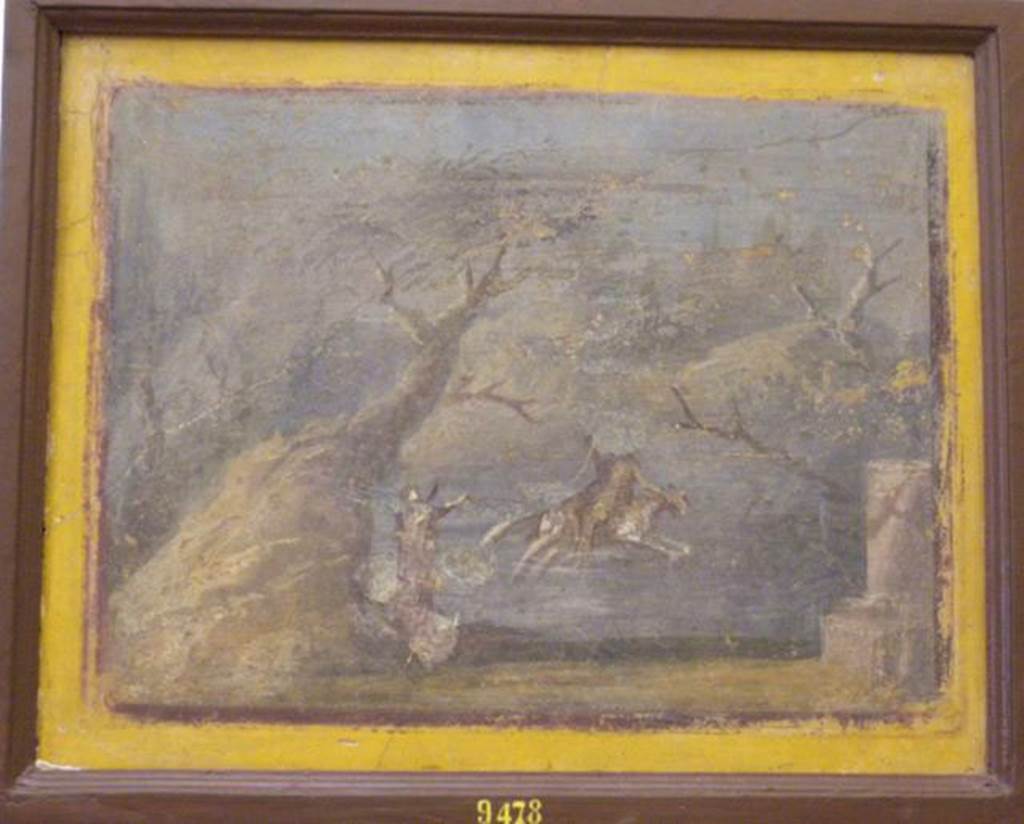 HGW06 Pompeii. Found 22nd March 1764. ?Ambiente 34 of Villa of Cicero.  
Wall painting of Phrixus and Helle fleeing on the swimming ram.  
Helle has fallen into the water and holds her hands out.
Now in Naples Archaeological Museum.  Inventory number 9478.
See Helbig, W., 1868. Wandgemälde der vom Vesuv verschütteten Städte Campaniens. Leipzig: Breitkopf und Härtel. (1258).