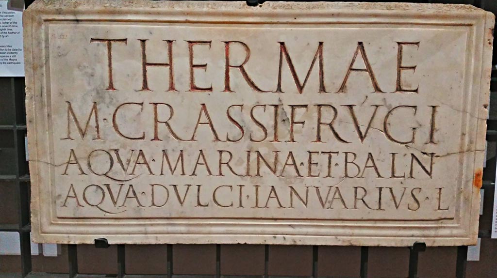 HGW06 Pompeii. June 2017. Marble entrance sign for the Baths of Marcus Crassus Frugi.
Found in 1749 outside the Herculaneum Gate, at the so-called Villa of Cicero. Photo courtesy of Giuseppe Ciaramella.
(also entered in Villa 90, at Torre Annunziata).