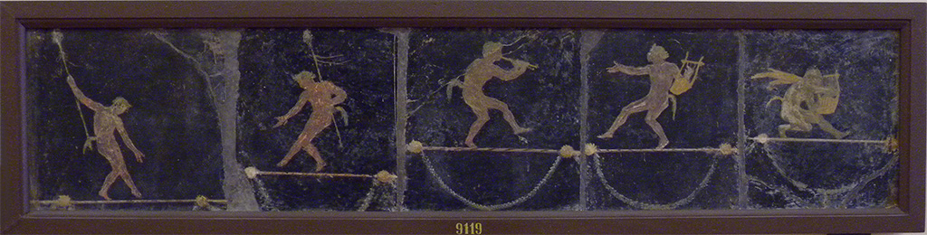 HGW06 Pompeii. Found in triclinium on 18 January 1749.  
Wall painting of acrobatic Satyrs with Thyrsi and musical instruments.
Now in Naples Archaeological Museum. Inventory number 9119.