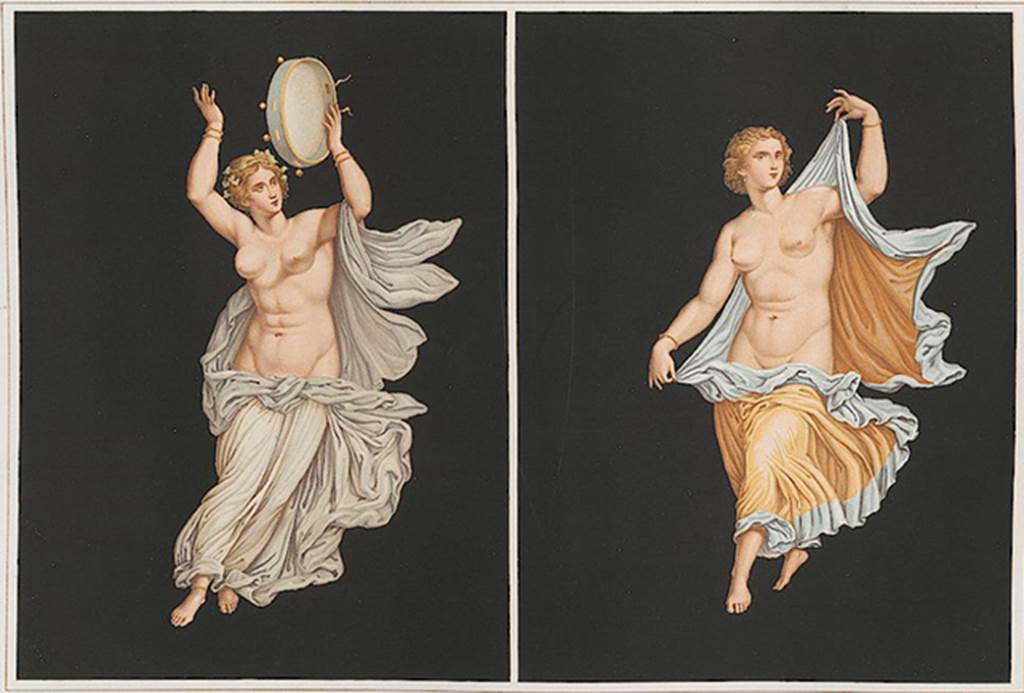 HGW06 Pompeii. 1862 painting of floating figures found in one of the Villa rooms. 
See Niccolini F, 1862. Le case ed i monumenti di Pompei: Volume Secondo. Napoli. Tavolo V.
These match the third figure from the right and the third figure from the left in Naples Archaeological Museum, inventory number 9297.