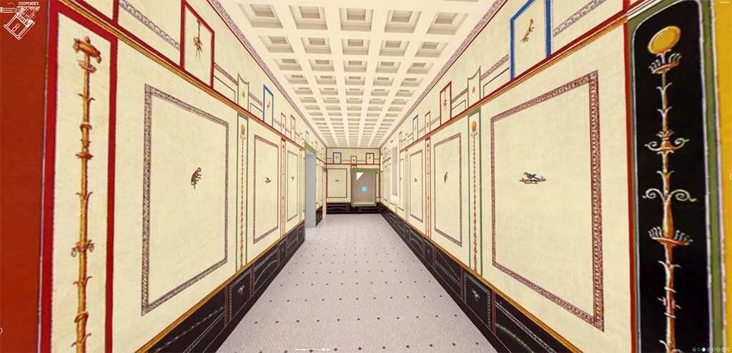 HGW24 Pompeii. Looking east along the south side of the portico, into corridor/rooms. 3D reconstruction.
© Villa Diomedes Project http://villadiomede.huma-num.fr/3D/app.html 
(Villa Diomedes Project – area 46, from area 45). 
(Fontaine, corridor/rooms 5a, from 5b).