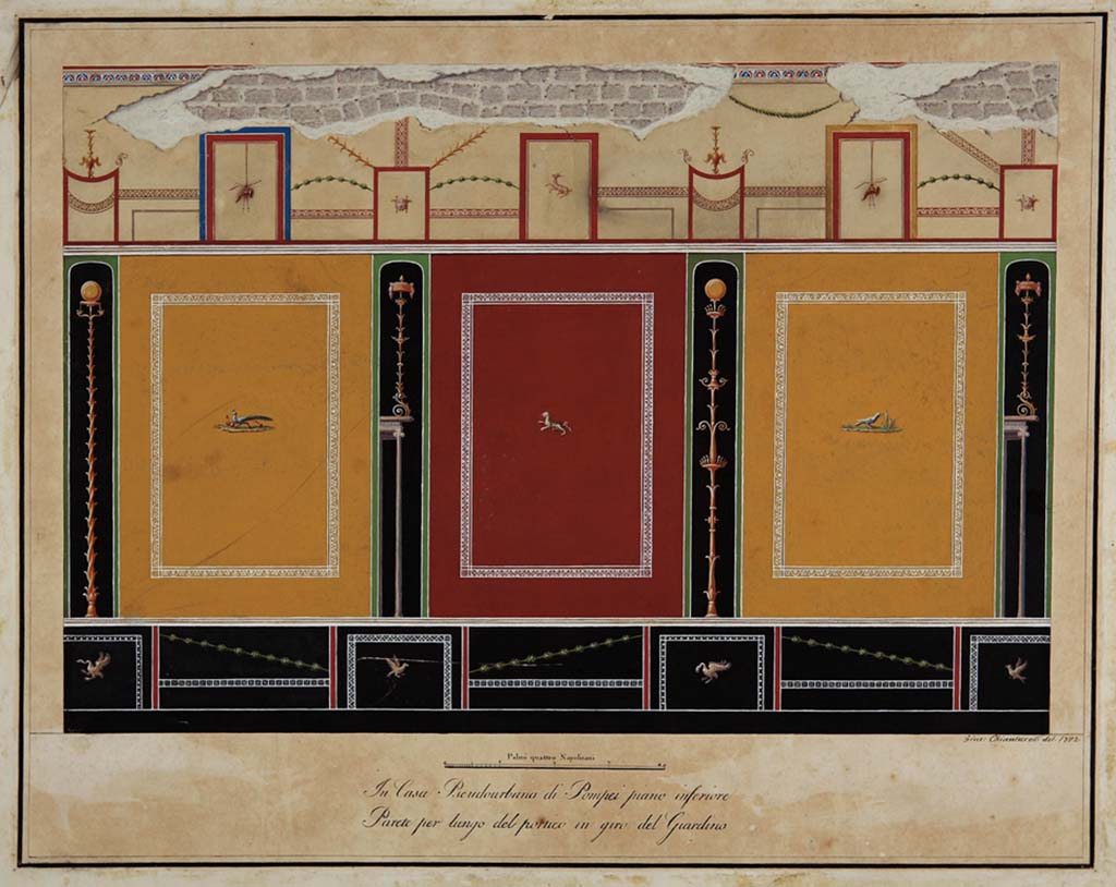 HGW24 Pompeii. Drawing by Chiantarelli, showing the black, yellow and red decorated walls of the (south) wall around the portico of the garden.
Now in Naples Archaeological Museum. Inventory number ADS1166 
(Villa Diomedes Project – area 63).
(Fontaine, room 5b)
Photo © ICCD. http://www.catalogo.beniculturali.it
Utilizzabili alle condizioni della licenza Attribuzione - Non commerciale - Condividi allo stesso modo 2.5 Italia (CC BY-NC-SA 2.5 IT)
