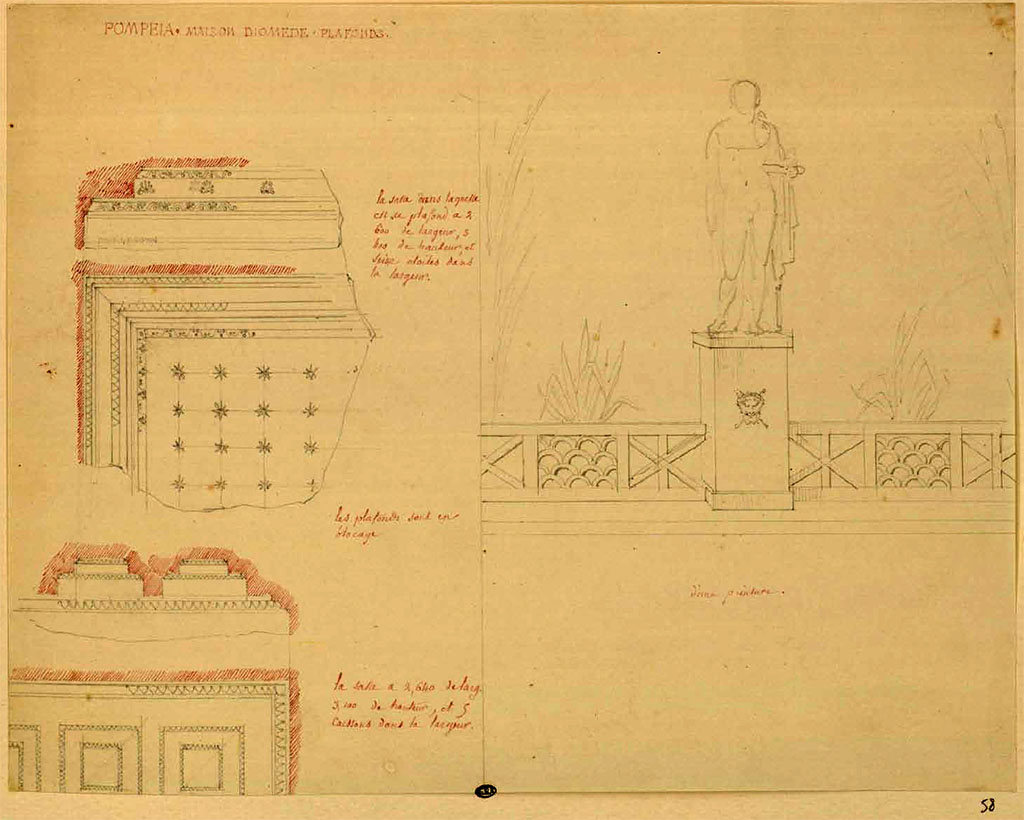 HGW24 Pompeii. Between 1823 and 1828, sketch by F. Duban.
At the top, left, is the ceiling decoration at the east end of north portico 5d. 
And below, left, are details of the moulded coffer ceiling from south portico 5b.
The sketch on the right is from an unknown location in Villa of Diomedes.
See Duban F. Album de dessins d'architecture effectués par Félix Duban pendant son pensionnat à la Villa Medicis, entre 1823 et 1828 : Tome 2, Pompéi, pl. 58.
INHA Identifiant numérique NUM PC 40425 (2)  « Licence Ouverte / Open Licence » Etalab
(Fontaine, north portico, 5d, and south portico, 5b).
The wording in the centre of the sketch above is difficult to read but seems to say –
« POMPEIA MAISON DIOMEDE PLAFOND.
(At the top) -La salle dans laquelle est ce plafond a 2 bas de largeur, 3 bas de hauteur et seize étoiles dans la largeur.
(In the centre) -Les plafonds sont en blocage.
(Lower sketch)- La salle a 2,640 de larg., 5,200 de hauteur, et 5 caissons dans la largeur. »
(Fontaine, north portico, 5d, and south portico, 5b).
