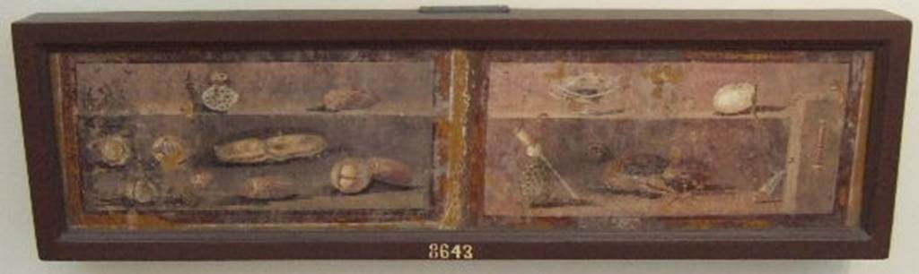 HGW24 Pompeii. 5th October 1771. Wall painting of meat, game, egg and produce. 
On the right panel is a silver cup. On the left panel is a bag of money.
Now in Naples Archaeological Museum. Inventory number 8643.
(According to Pagano and Prisciandaro, this painting, inventory number NAP 8643, was shown as no.26 from the plan by La Vega). 
See Pagano, M. and Prisciandaro, R., 2006. Studio sulle provenienze degli oggetti rinvenuti negli scavi borbonici del regno di Napoli.  Naples: Nicola Longobardi. (p.71).
(Fontaine, either room 5d (La Vega 25), at east end of north garden portico, or from (Fontaine, room 5,13 (La Vega 26)).
PAH 1,1, p.260, 5th October 1771, (and addendum p.124 and 157): (See No. 25 on the plan by La Vega).
Continuing the said excavation, we have evacuated two rooms, only detecting one painting (approximately 0.48m long, 0.24m high) of meat things, as chicken, eggs, etc., and this has been cut by the young boys of Canart. They have cut 12 pieces of white mosaic with black stripe, from the floor of some rooms already discovered earlier.
From PAH 1,1, p.260, 12th October 1771. 
We have continued the excavation in the said dwelling outside of the city, lifting the soil from above some vaults, therefore to be able to enter into the rooms that are covered.
From PAH, addendum, p.124 – 
Relazione delle antichita, che si vanno ritrovando nella masseria del sig. D. Giovanni Milano parsonaro, che si era principiata al di 14 Febbraro 1771.
 “No.25. A di 4 ottobre 1771. Questa stanza tiene la lamia in piano dipinta a stelluce; il dippiu della stanza e di tonica gialla con qualche ornato liscio, il zoccolo rosso con qualche uccelletto. Il pavimento e di terra, e non vi si e trovato alcuna cosa.”
