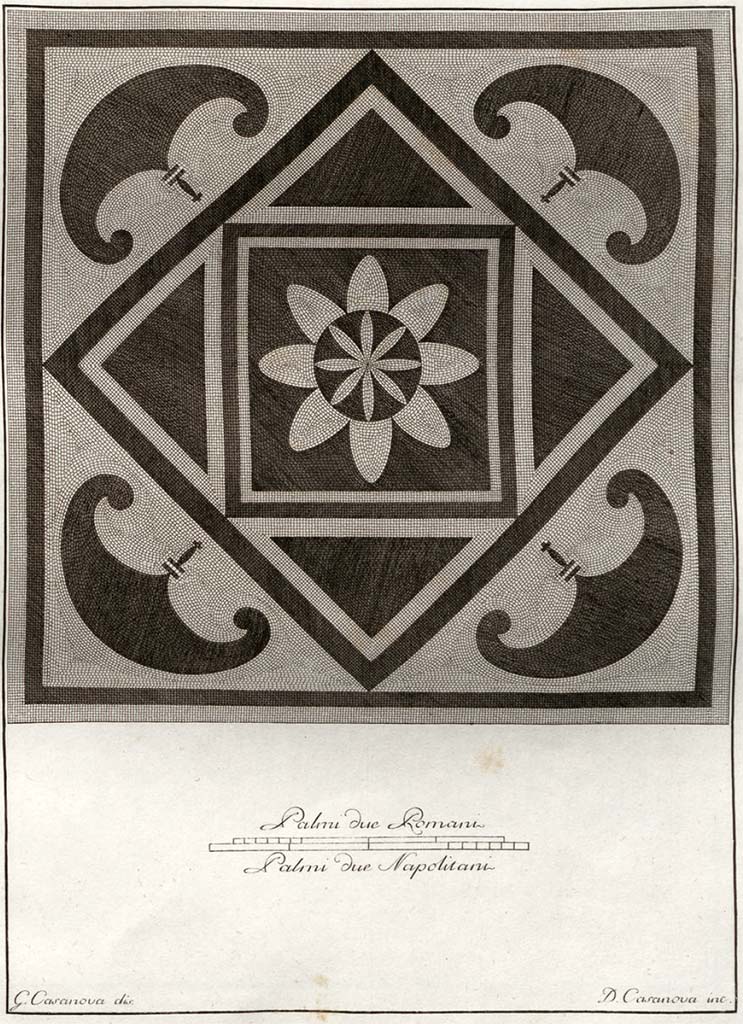 HGW24 Pompeii. Pre-1796. Mosaic said to be from the Villa of Diomedes. 
See Gli ornati delle pareti ed i pavimenti delle stanze dell'antica Pompei incisi in rame: pt.1 1796.
See Gli ornati delle pareti ed i pavimenti delle stanze dell'antica Pompei incisi in rame: 1838, p. 105/124.