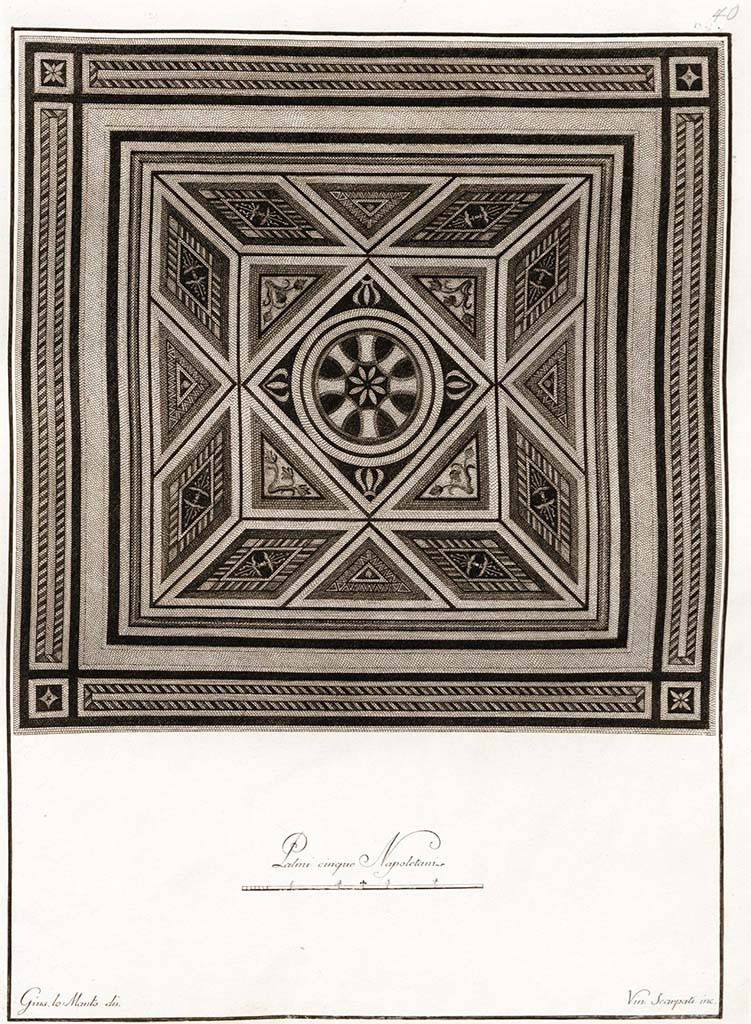 HGW24 Pompeii. Pre-1796. Mosaic said to be from the Villa of Diomedes. 
According to the index description, (no.40) –
“La simmetrica disposizione de’ bei ornati di pezzetti di marmo coloriti costituisce il principal merito di questo grazioso pavimento, quadrilatero, inciso dallo Scarpati.”
("The symmetrical arrangement of beautiful decorations of pieces of coloured marble constitute the main merit of this graceful square floor, engraved by Scarpati.")
See Gli ornati delle pareti ed i pavimenti delle stanze dell'antica Pompei incisi in rame: pt.1 1796.
See Gli ornati delle pareti ed i pavimenti delle stanze dell'antica Pompei incisi in rame: 1838, pl. 40.