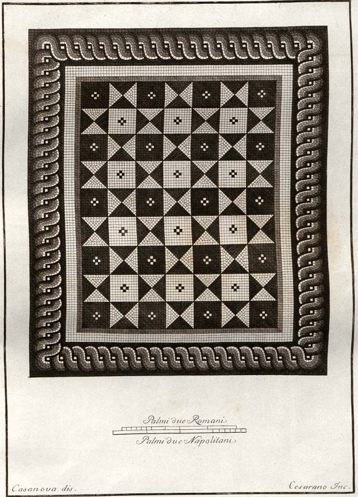 HGW24 Pompeii. Pre-1796. Mosaic said to be from the Villa of Diomedes. 
See Gli ornati delle pareti ed i pavimenti delle stanze dell'antica Pompei incisi in rame: pt.1 1796.
See Gli ornati delle pareti ed i pavimenti delle stanze dell'antica Pompei incisi in rame: 1838, p. 118 of 124.