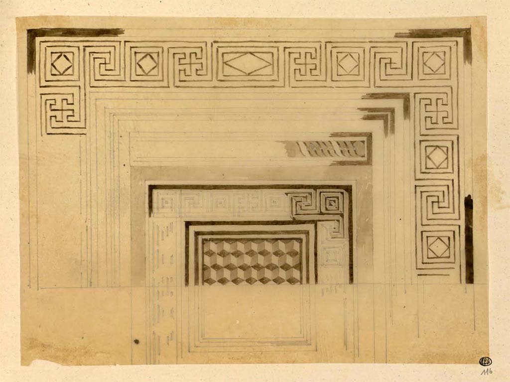 HGW24 Pompeii. Villa of Diomedes, undated sketch of a mosaic titled Pompéi, mosaïque antique.
This may have been drawn in Naples Museum/Portici, so does not show what is left in the site at Pompeii.
See Debret F. (1777-1850), Piranesi F. (1758-1810), LaBrouste H. (1801-1875). Voyage en Italie-De Naples à Paestum, pl. 116.
INHA Identifiant numérique : NUM PC 77832 (07). See book on INHA Les documents sont placés sous « Licence Ouverte / Open Licence » Etalab