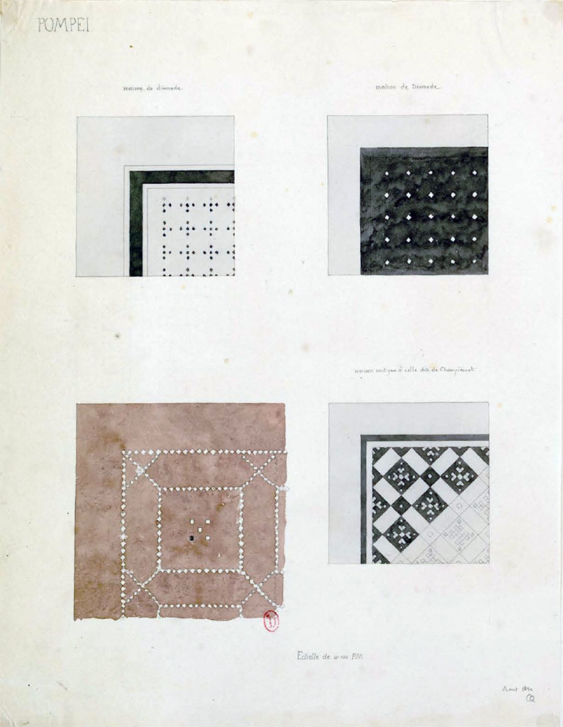 HGW24 Pompeii. August 1832, watercolour sketches by Charles-Auguste Questel.
The top two floor mosaics would appear to be from Villa of Diomedes, but the one on the lower left is unknown.
Perhaps Villa of Diomedes, perhaps VIII.2.3 (as is the one on the lower right) or perhaps somewhere different.
See Charles-Auguste Questel (1807-1888) Voyage en Italie et Sicile. Août 1831 - novembre 1832, pl. 36.
INHA identifiant numérique : NUM MS 512. Document placé sous « Licence Ouverte / Open Licence » Etalab