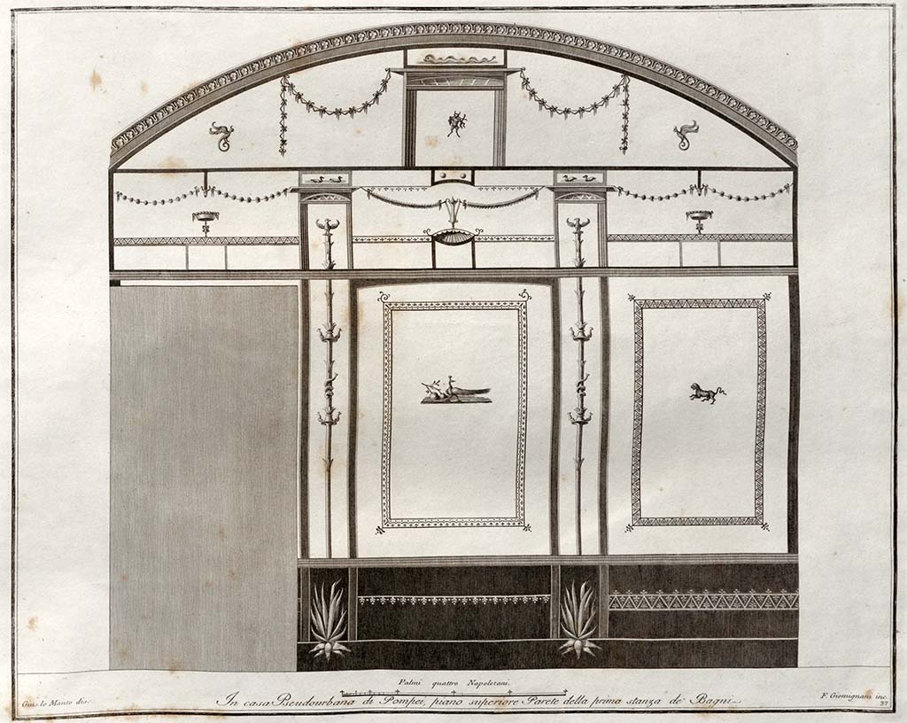 HGW24 Pompeii. Drawing by Lo Manto of a wall in the first room of the baths’ area.
See Gli Ornati delle Pareti ed I Pavimenti delle Stanze dell’Antica Pompei, 1838, (No.37)
(Villa Diomedes Project – area 9).
(Fontaine, room 3,2 in baths’ area).